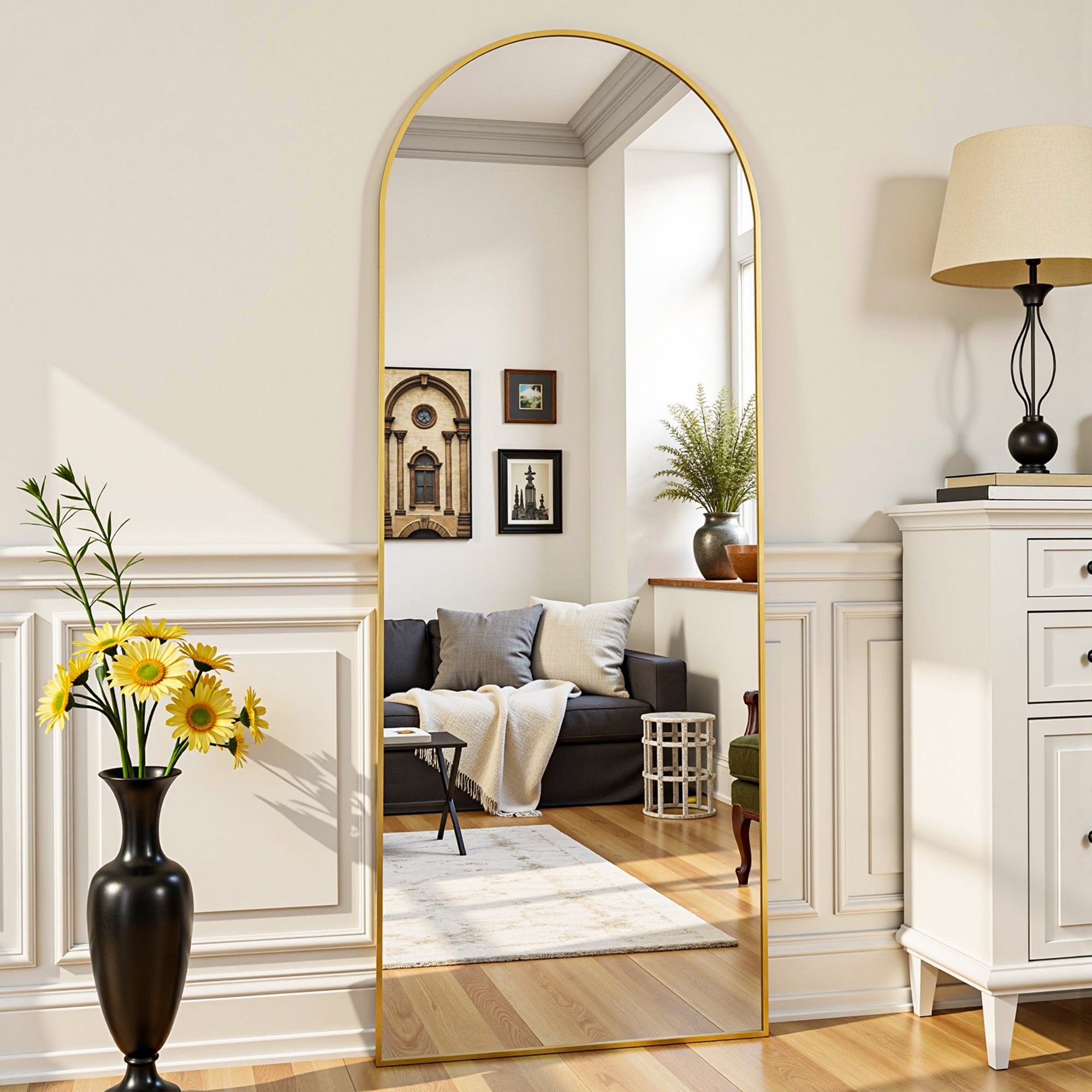 Arched Full Length Mirror, Full Body Mirror, Floor Mirrors with Stand, Aluminum Frame,  Free Standing/Wall Mount/Leaning for Bedroom, Living Room, Dressing Room
