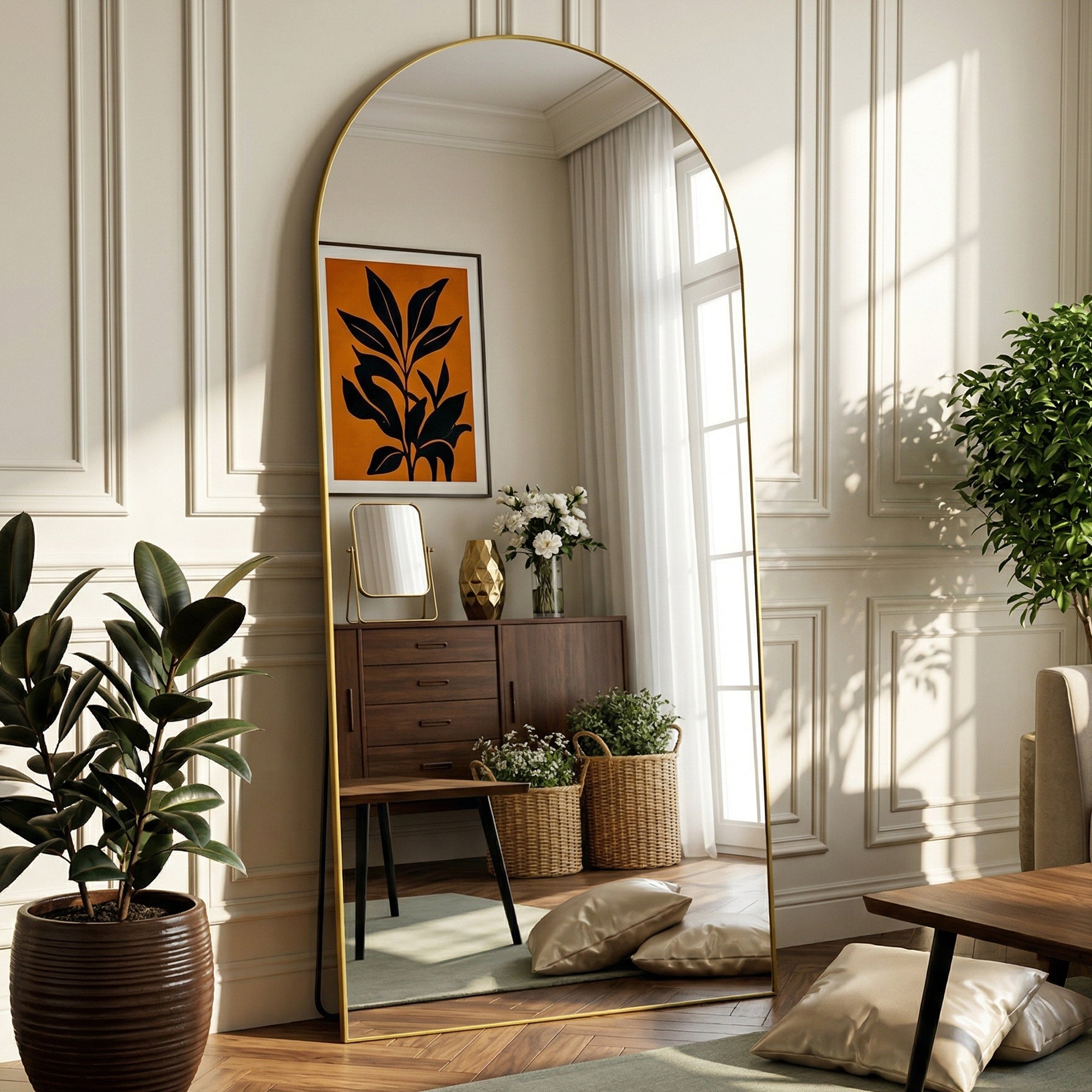 Arched Full Length Mirror, Full Body Mirror, Floor Mirrors with Stand, Aluminum Frame,  Free Standing/Wall Mount/Leaning for Bedroom, Living Room, Dressing Room
