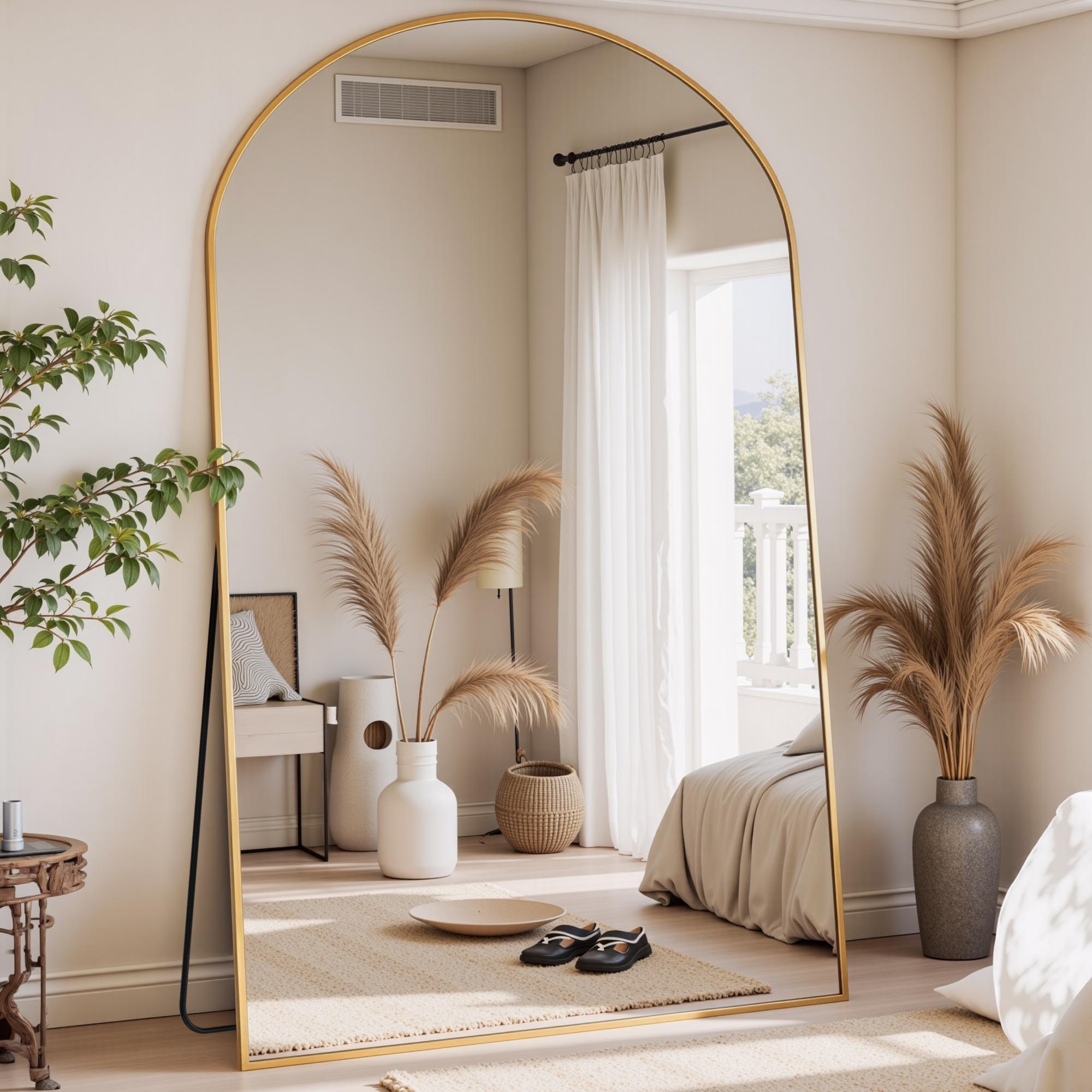 Arched Full Length Mirror, Full Body Mirror, Floor Mirrors with Stand, Aluminum Frame,  Free Standing/Wall Mount/Leaning for Bedroom, Living Room, Dressing Room