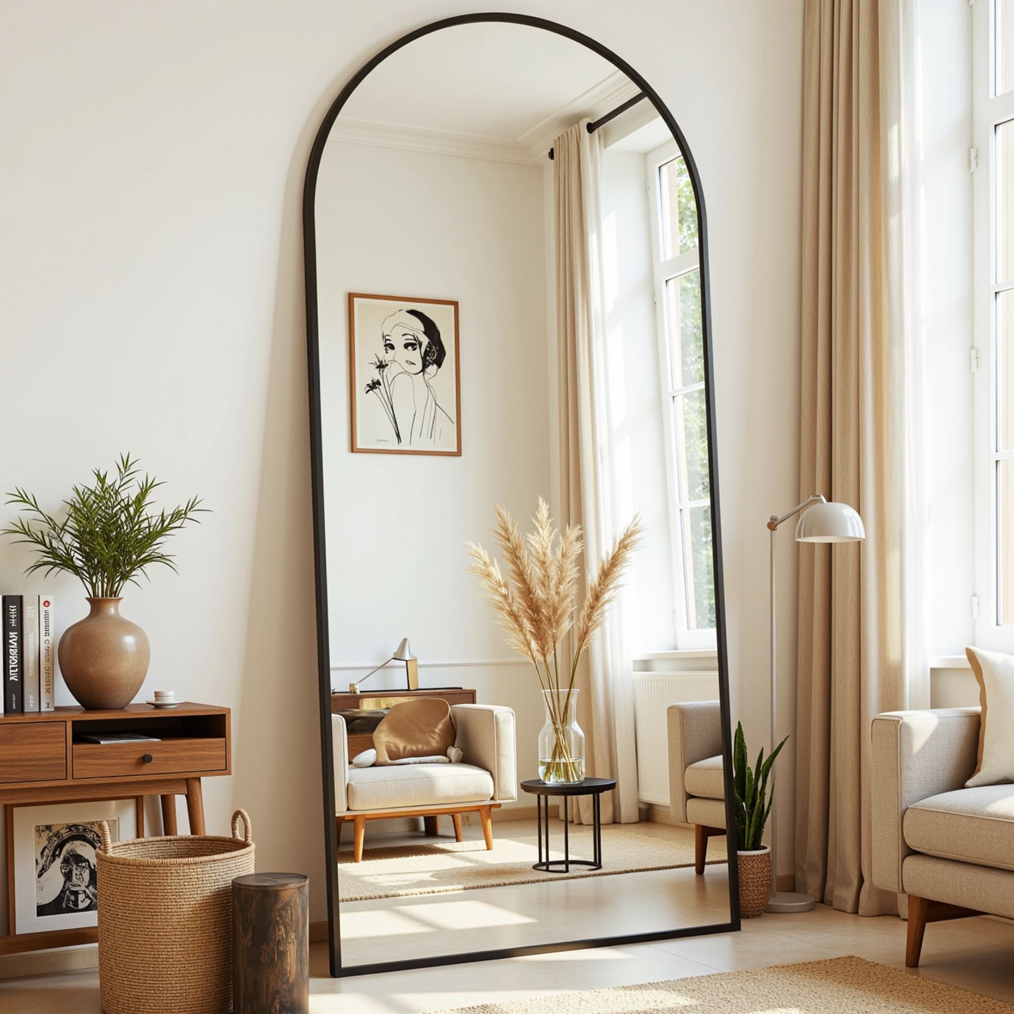 Arched Full Length Mirror, Full Body Mirror, Floor Mirrors with Stand, Aluminum Frame,  Free Standing/Wall Mount/Leaning for Bedroom, Living Room, Dressing Room