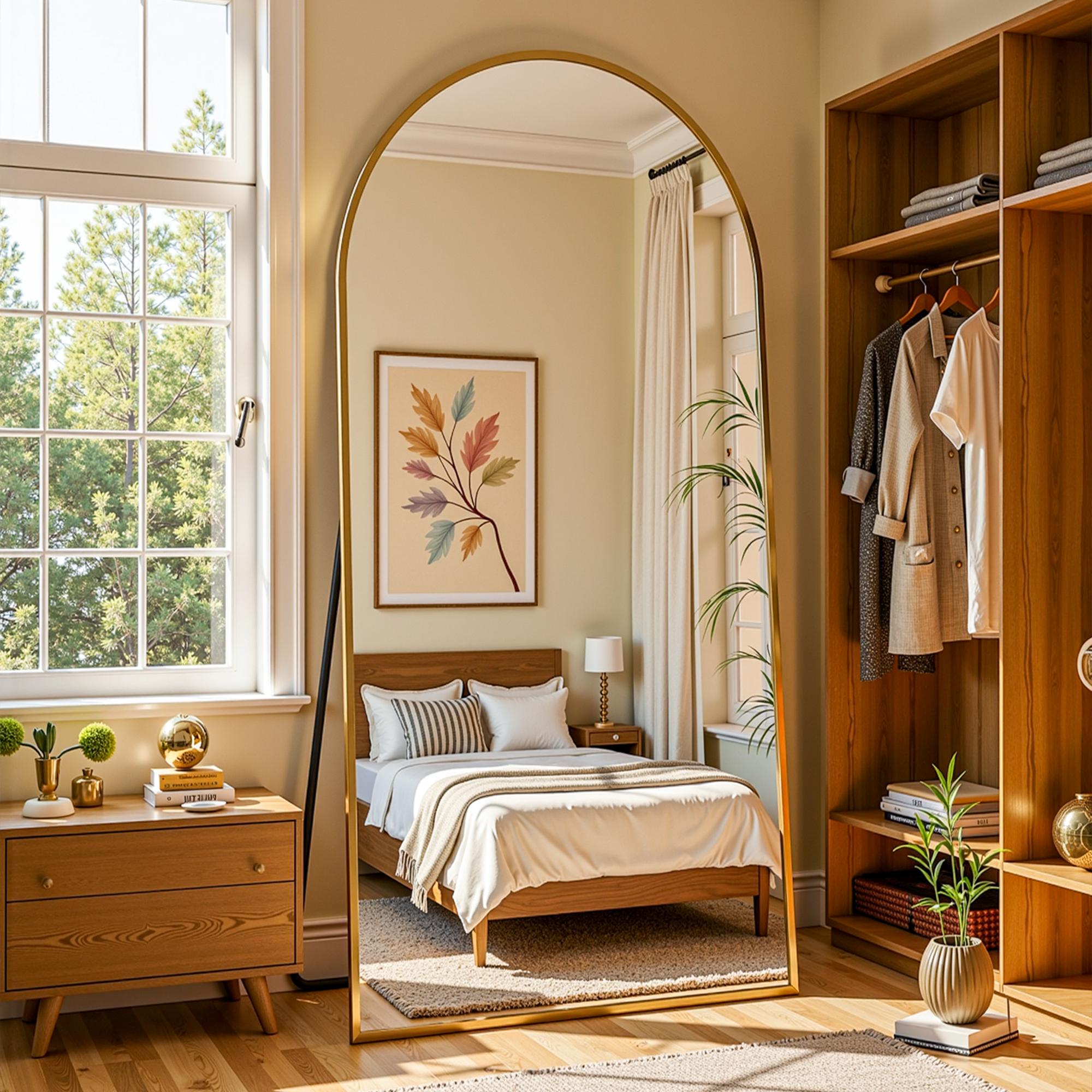 Arched Full Length Mirror, Full Body Mirror, Floor Mirrors with Stand, Aluminum Frame,  Free Standing/Wall Mount/Leaning for Bedroom, Living Room, Dressing Room
