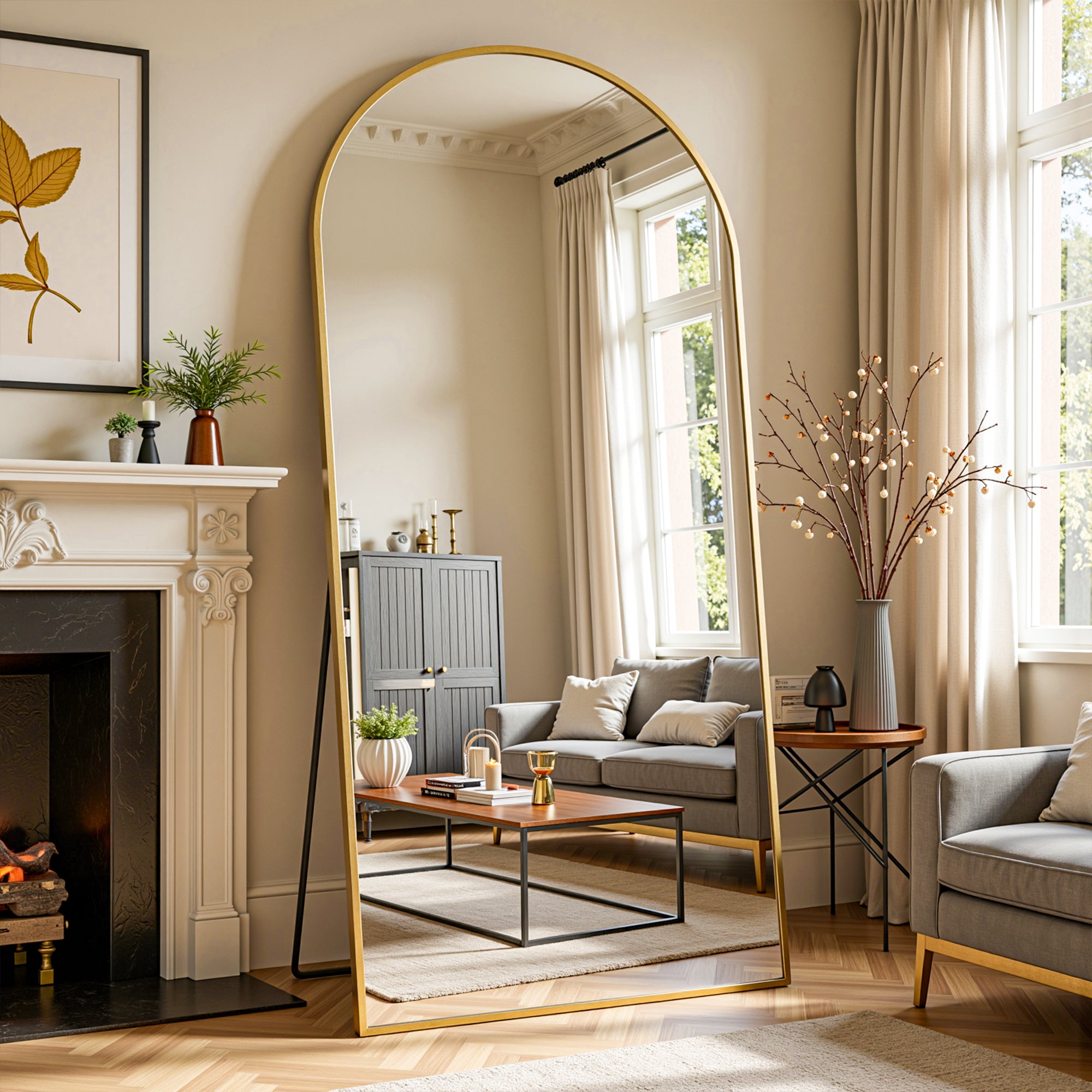 Arched Full Length Mirror, Full Body Mirror, Floor Mirrors with Stand, Aluminum Frame,  Free Standing/Wall Mount/Leaning for Bedroom, Living Room, Dressing Room