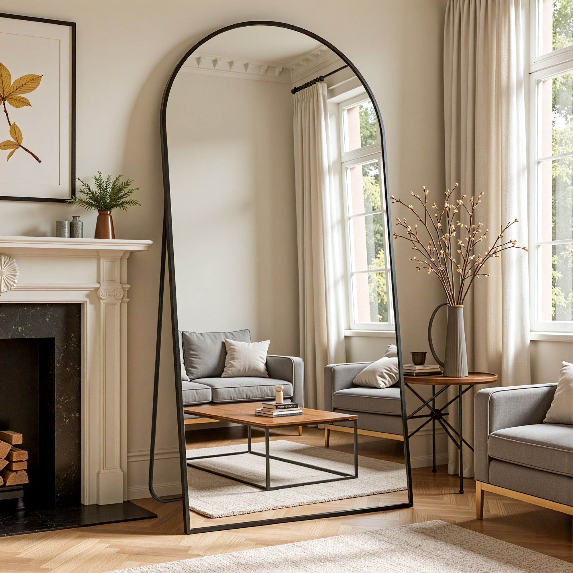 Arched Full Length Mirror, Full Body Mirror, Floor Mirrors with Stand, Aluminum Frame,  Free Standing/Wall Mount/Leaning for Bedroom, Living Room, Dressing Room